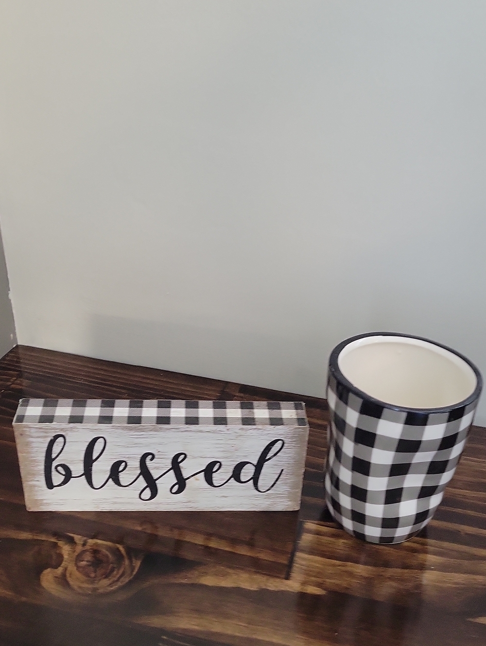 Blessed Decorative Block Sign and Black Buffalo Check Planter Set